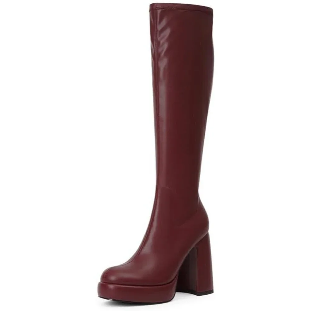 Women's Burgundy Platform Knee High Boots Chunky Heel Rounded Toe Zipper