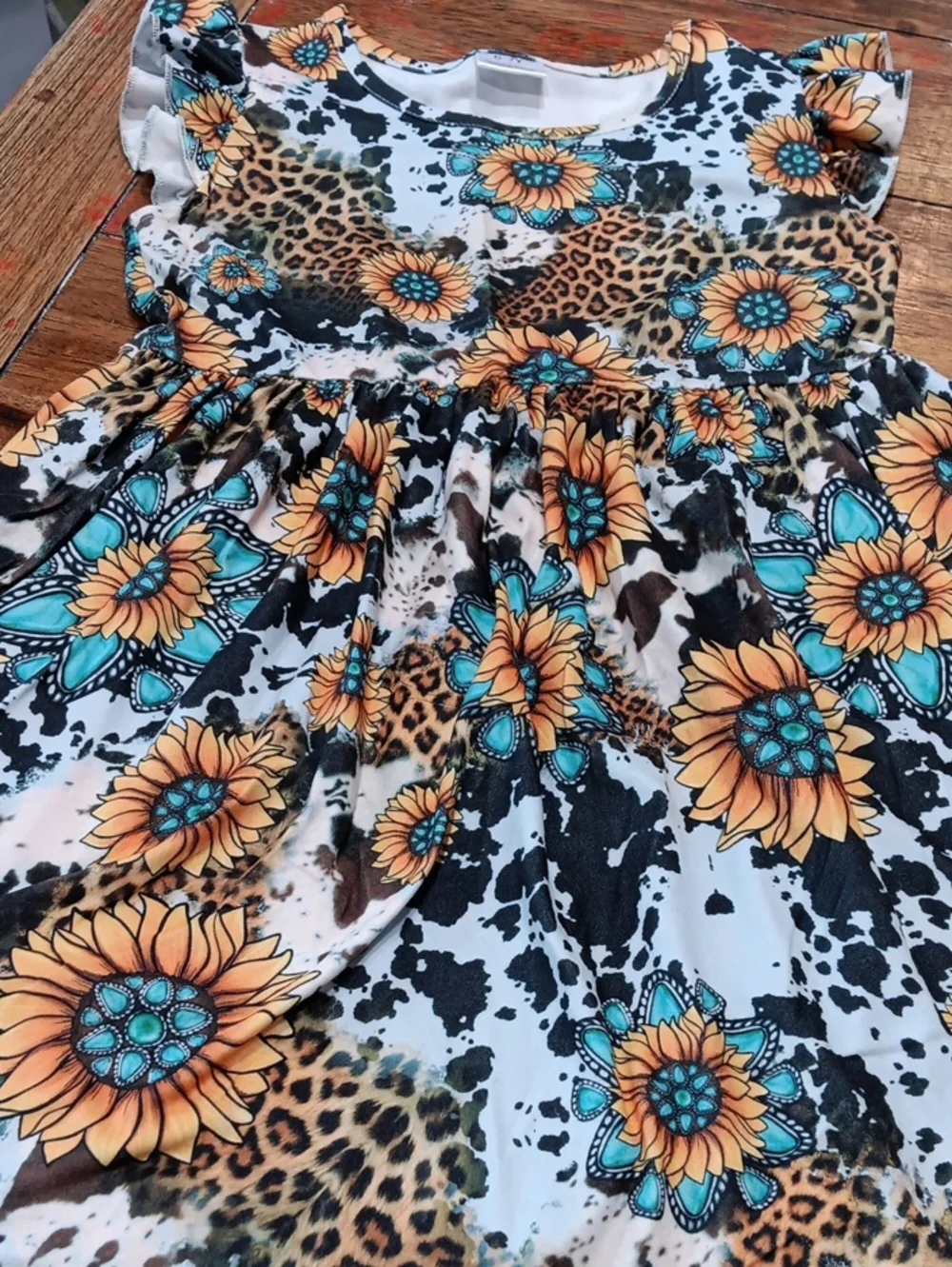 Girls' Sunflower & Leopard Print Dress - Yellow Turquoise