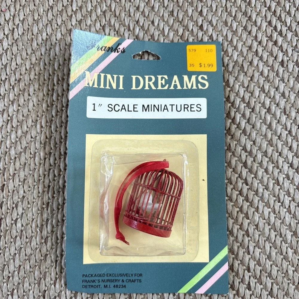 Bird Perch Red Cage Miniature Dollhouse Vintage Ornament 1