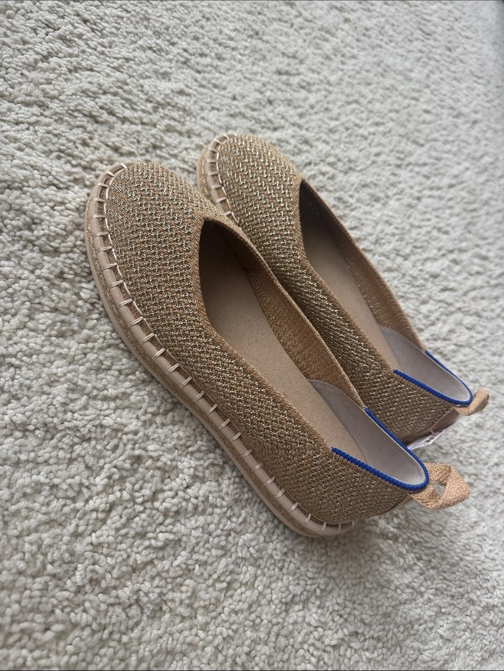 Rothy's Tan Knit Slip-On Flats with Blue Trim