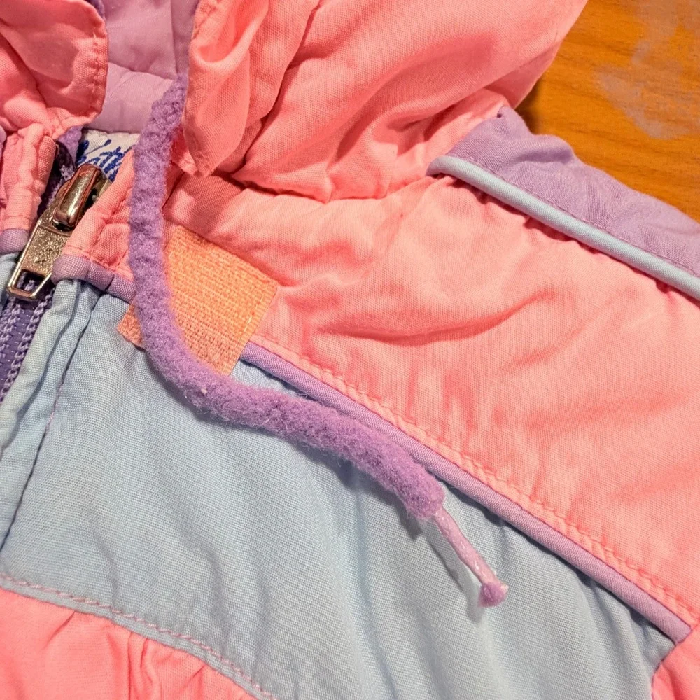 Vintage 80s Weather Tamer Girls Pink Hooded Puffer Jacket Heart Embroidery 12M