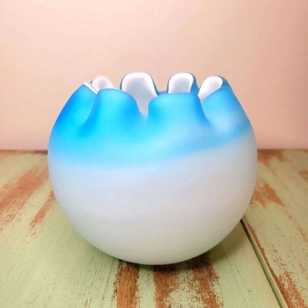 Fenton Blue Satin Glass Crimmped Ruffle Edge MCM Art Glass Bowl