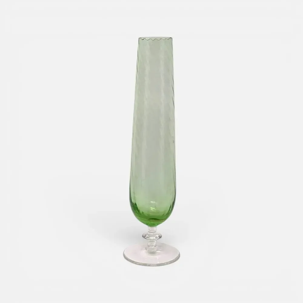1960s Green Optic Swirl Glass Stemmed Bud Vase