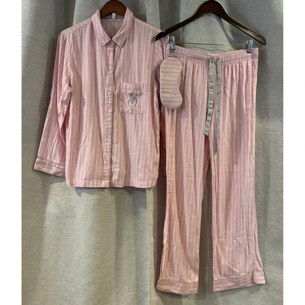 Victorias Secret Pink Striped 2 Pc Pajama Pant Set Silver Shimmer PJs Womens S
