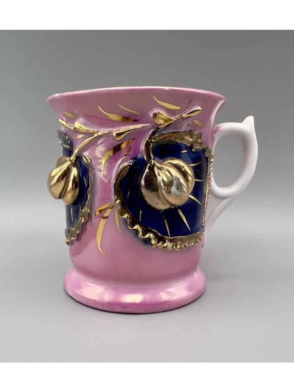 Antique German Shaving Mug Pink Lusterware 3D Fruit Gold Souvenir Ithaca NY