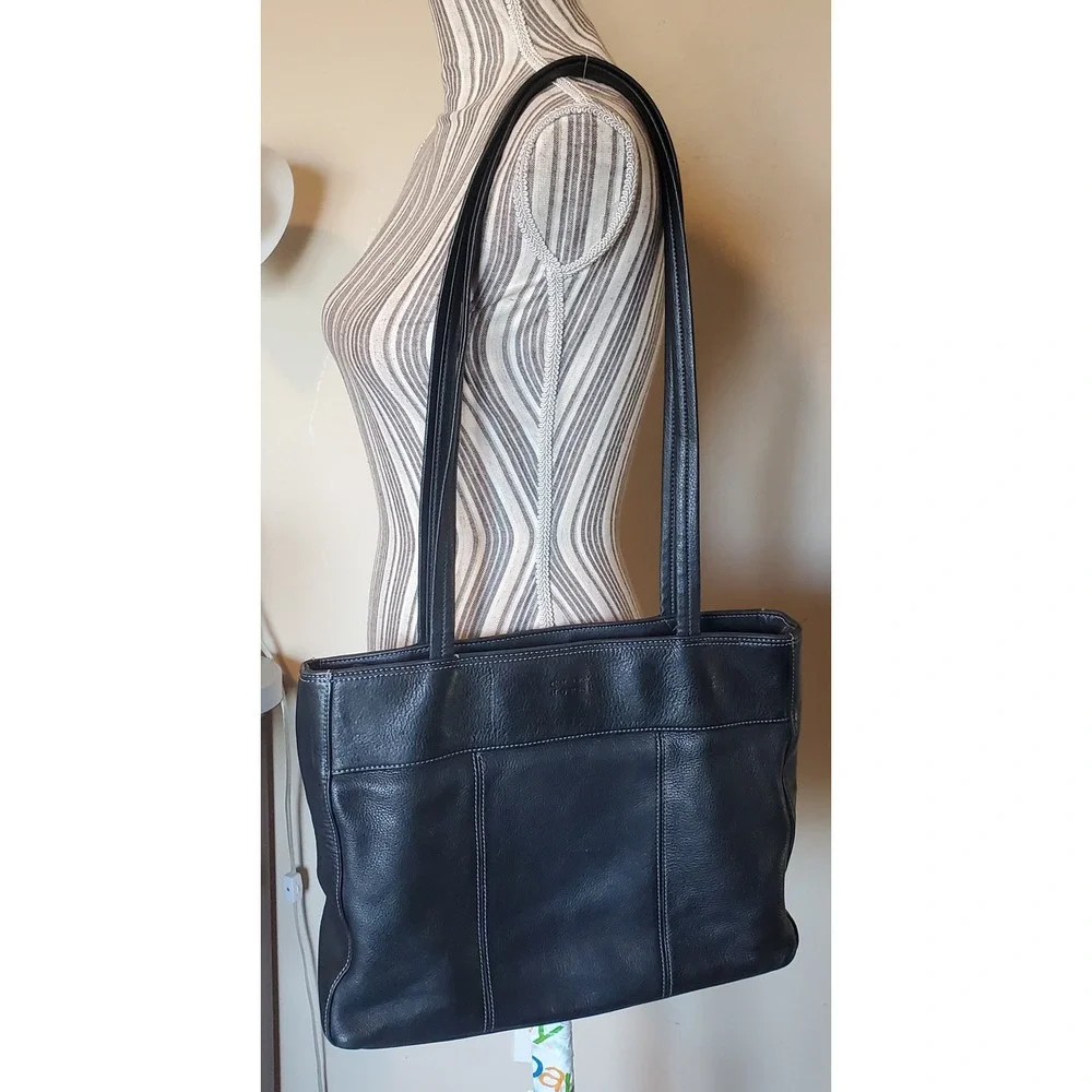Crazy Horse Navy Blue Leather Tote Bag Shoulder Purse Contrast Stitching