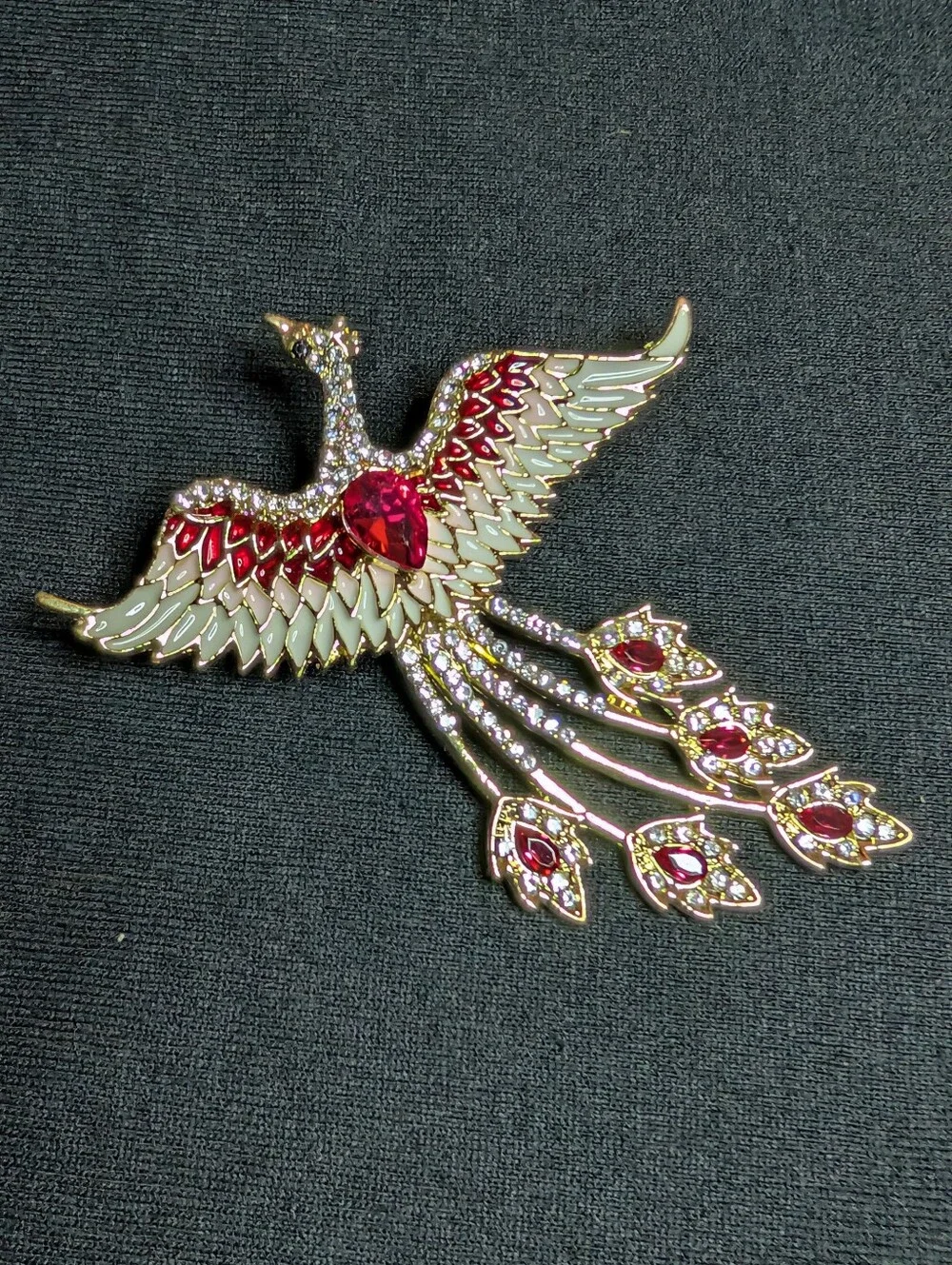 Gold and Red Phoenix Bird Brooch - Sparkling Enamel & Crystal Accent