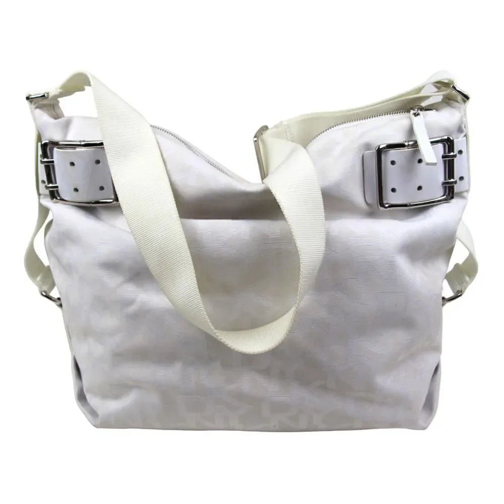 LARGE DKNY SIGNATURE WHITE JACQUARD LEATHER SHOULDER BAG CROSSBODY HOBO PURSE
