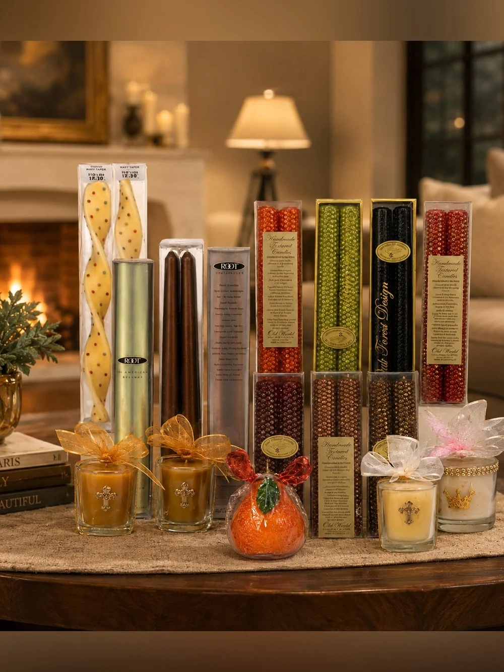 Decorative Taper and Bead Candle Gift Set - Gold, Red, Green, Brown, Black