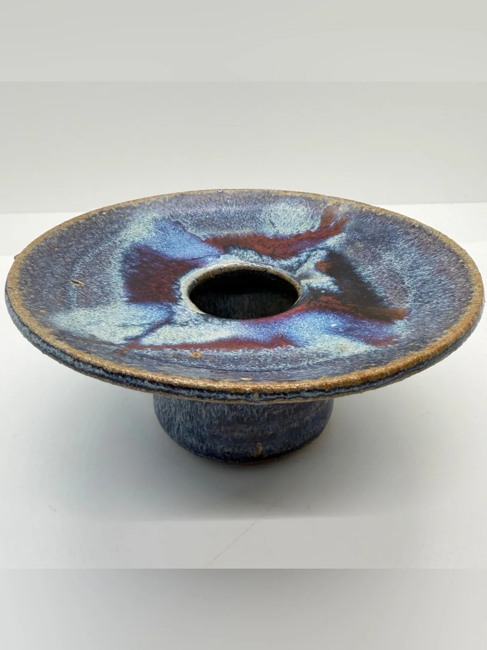 Blue Red Pottery Candle Holder Bowl Clay Art‎ Wide Rim Signed 5” Dia X 3” Tall