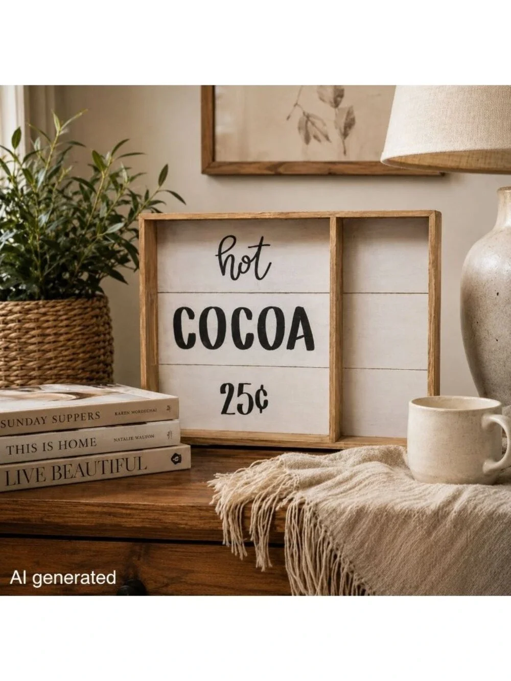 Hot Cocoa Farmhouse Coffee Bar Decor Rustic Kitchen Sign Wood Tray Christmas