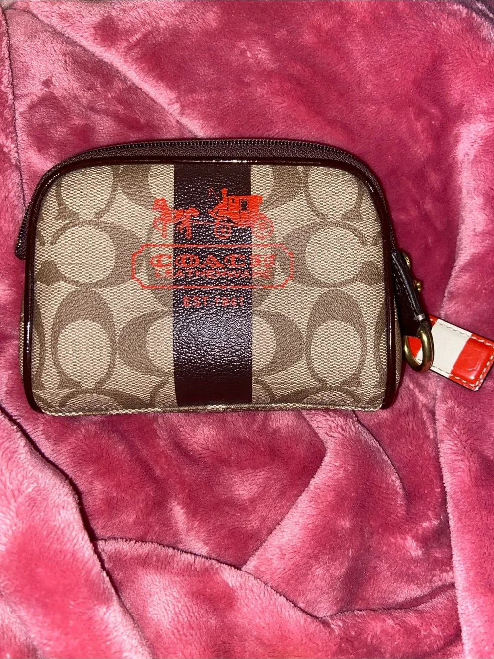 Coach Signature Stripe Cosmetic Pouch in Brown with Tattersall Lining