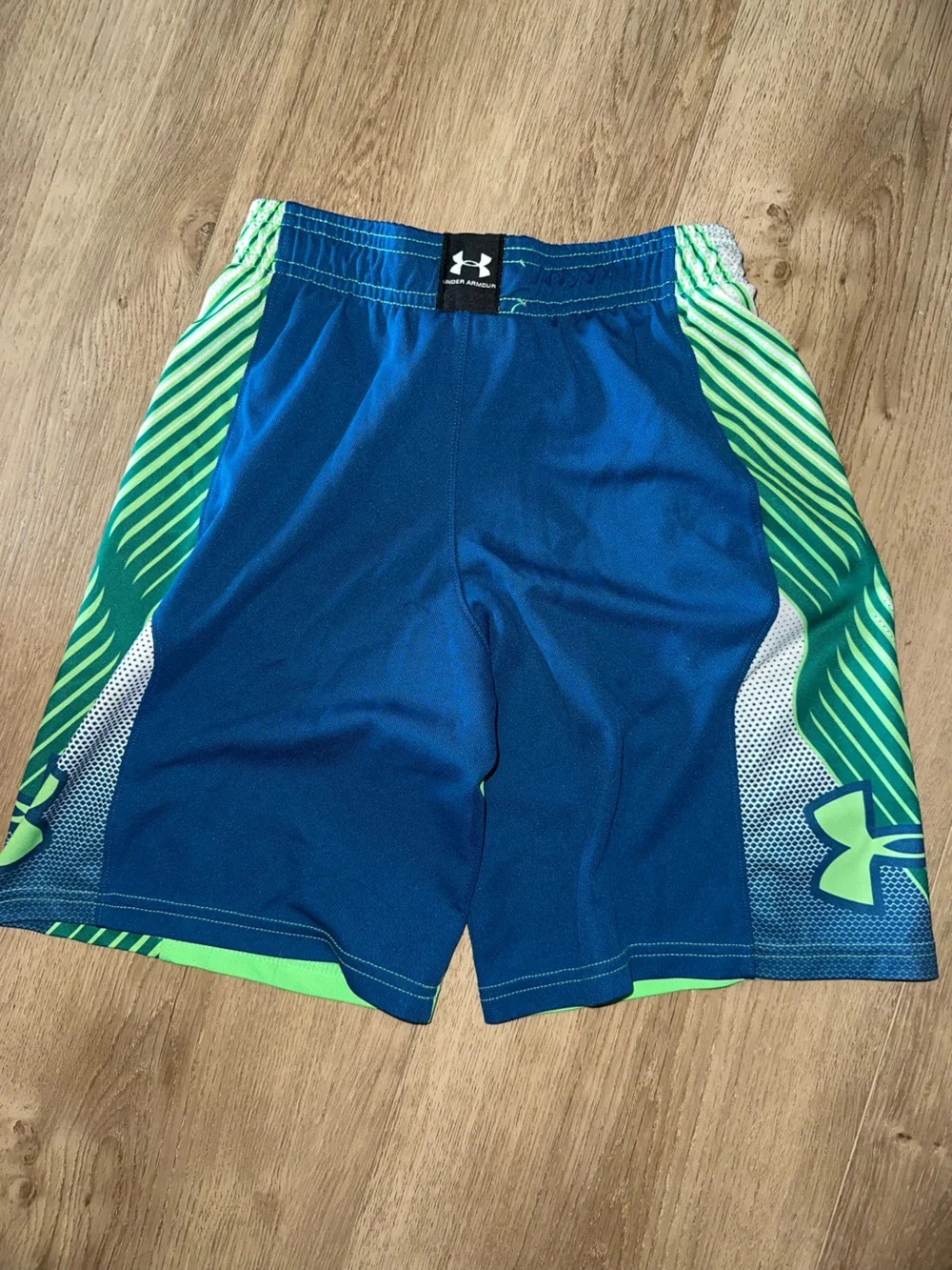Under Armour Neon Green Athletic Shorts with Navy Graphic Panels