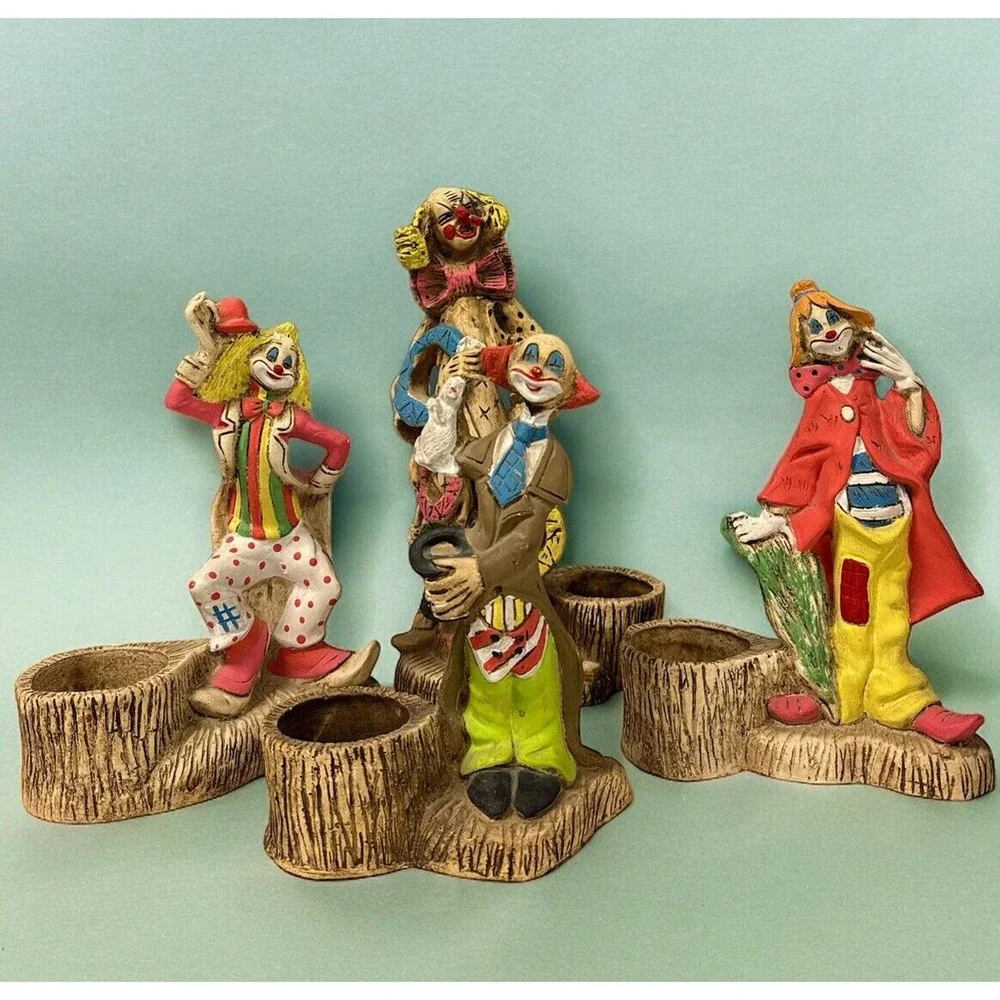 Vintage Set Of 4 Ricardo Clowns Driftwood Statue Quirky Folk‎ Art HandPainted
