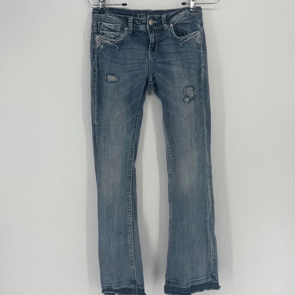 Grace in LA Girls Bootcut Jeans Size 12 Blue Embellished Rhinestone Distressed