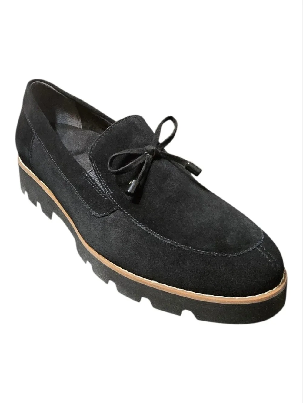 ​Vionic Finley Black Suede Bow Chunky Lug Sole Loafers