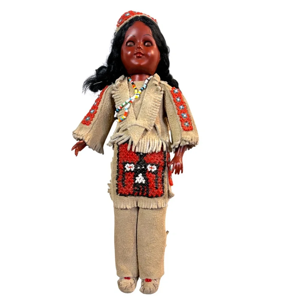 Vintage Native American Souvenir Doll Beaded Handmade Buckskin Fringe Outfit