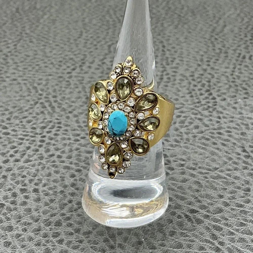 Ring Size 8 Gold Tone Turquoise Rhinestone Cocktail Statement‎ Teardrop Costume