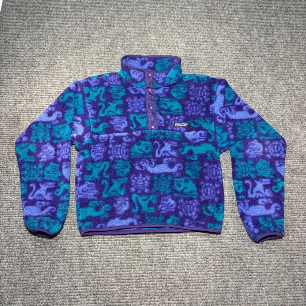 Patagonia Synchilla Snap-T Fleece Pullover Kids 14 Purple Teal Animal Print USA