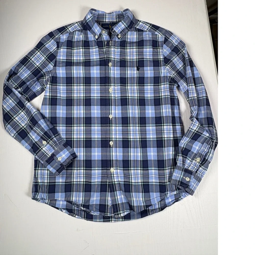 Ralph Lauren Kids Boys Red Blue Plaid Cotton Button Down Shirt Large 14-16 Pony