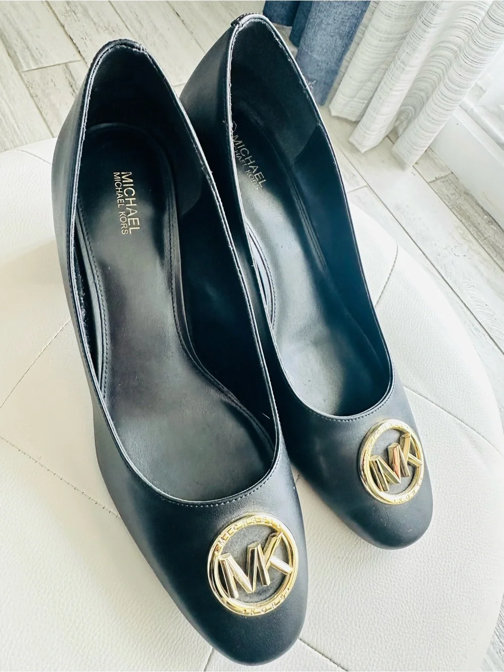 Michael Kors Black Leather Heels with Gold MK Emblem