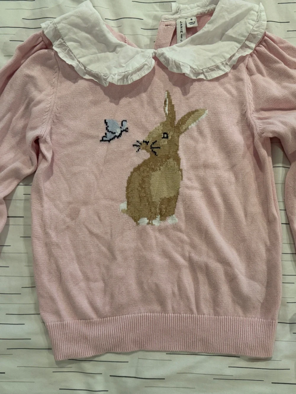 Janie and Jack Pink Bunny Knit Sweater with Ruffle Collar