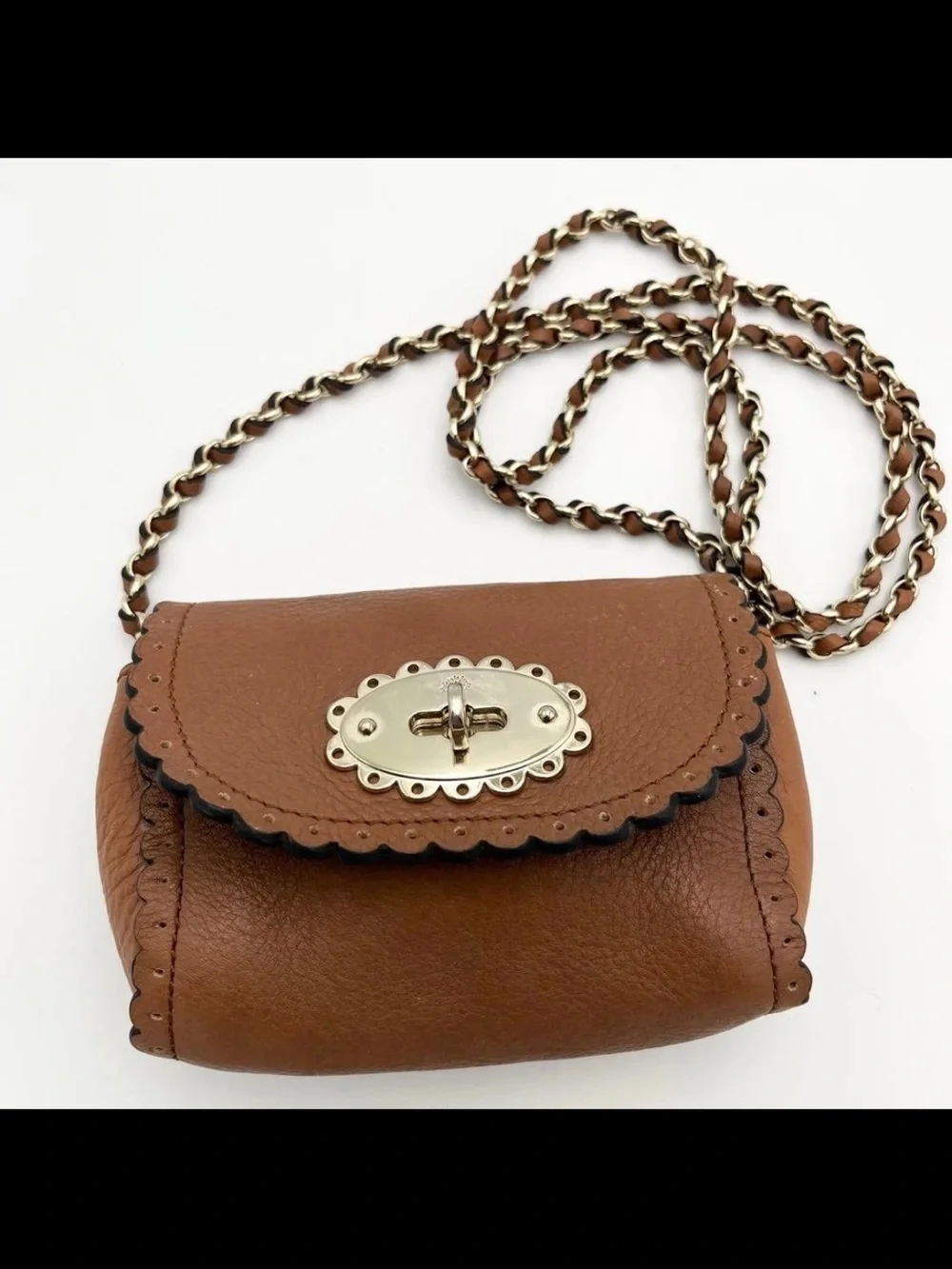 Mulberry Tan Leather Scalloped Flap Crossbody with Chain Strap