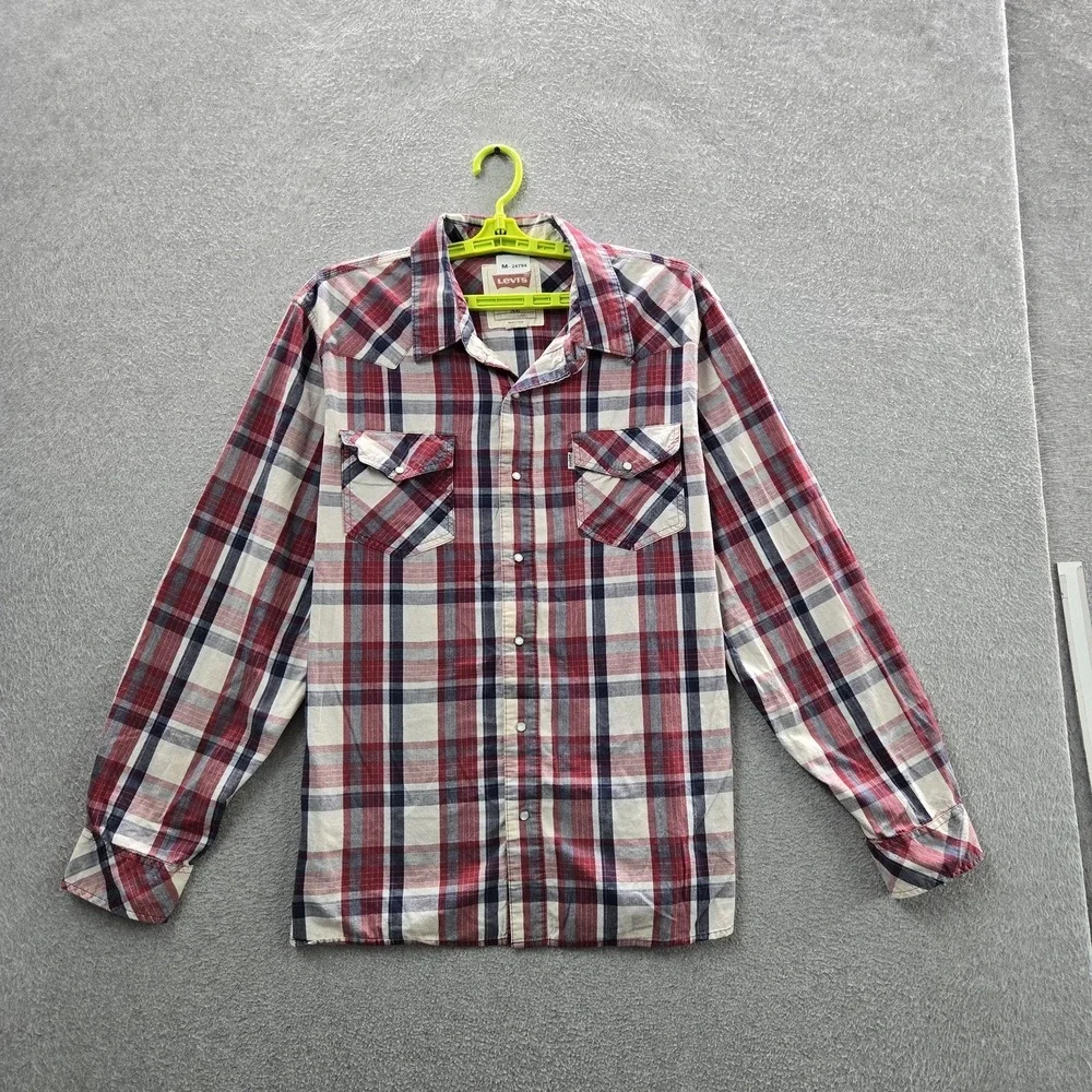 Levi's Men Button Up Shirt XL Red Plaid Western Pearl Snap Long Sleeve‎