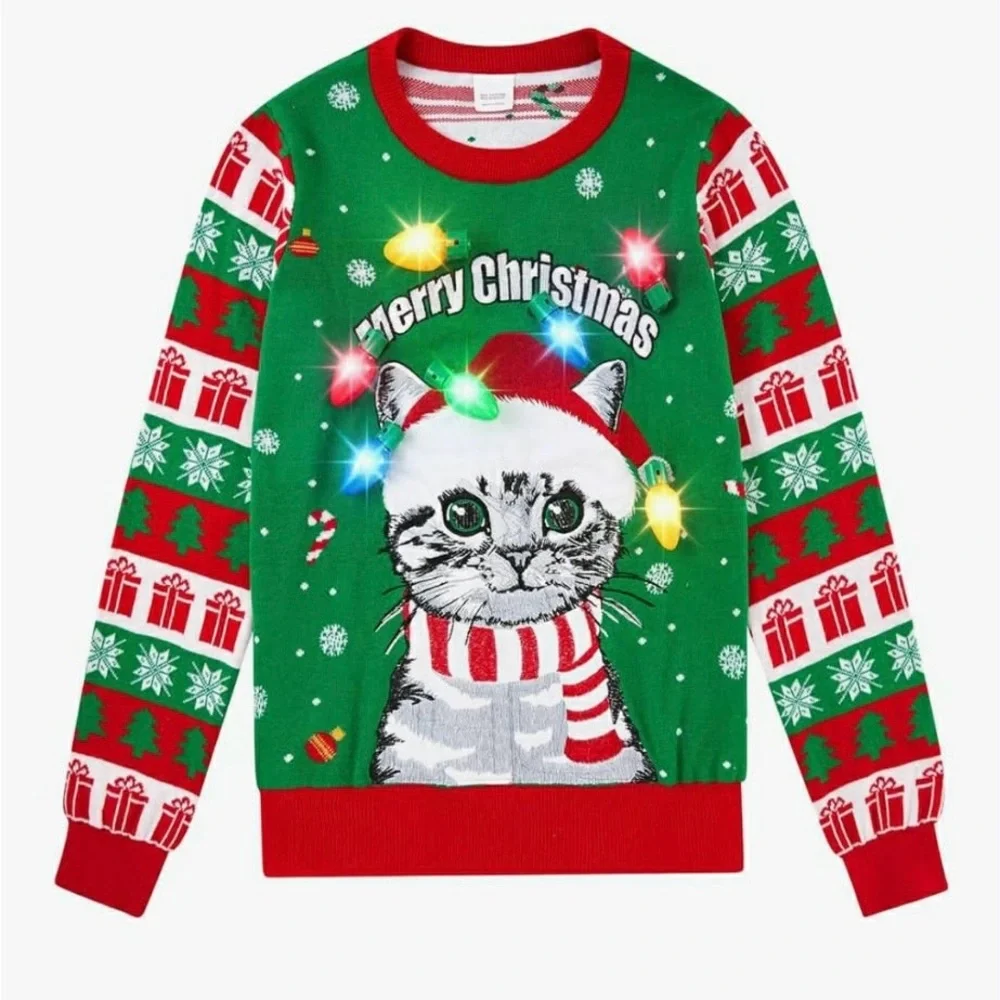 Unisex kids size 5-6 Cat Christmas Sweater with LED lights with 6 modes