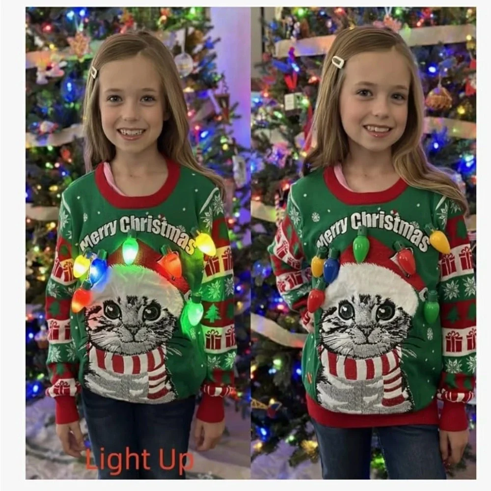 Unisex kids size 5-6 Cat Christmas Sweater with LED lights with 6 modes