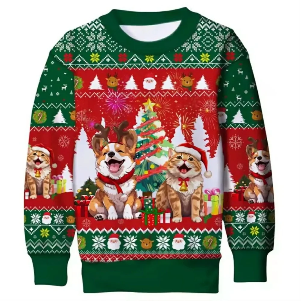 Holiday Pets Crewneck Sweatshirt - Green & Red UNISEX KIDS Christmas Pullover