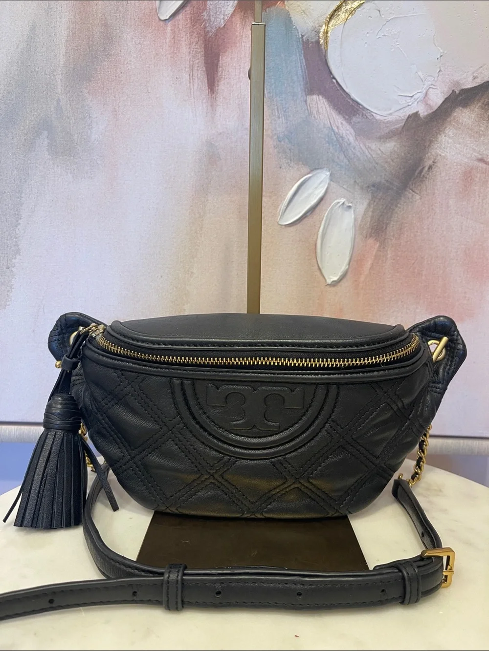 Tory Burch Black Quilted Fleming  Leather Crossbody Belt Bag with Tassel