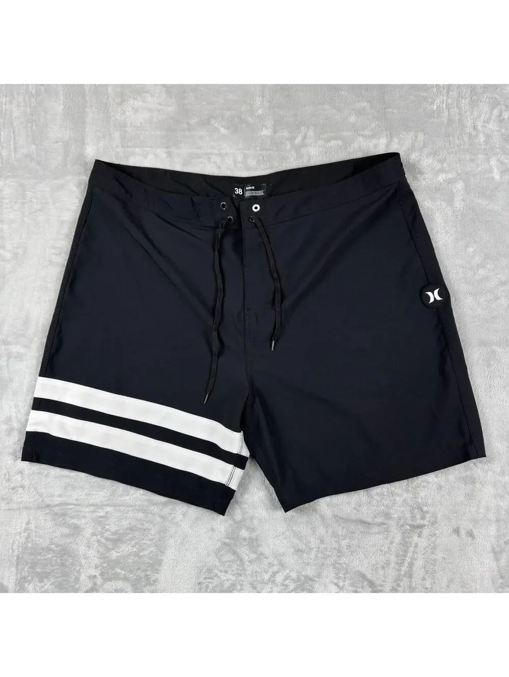 Hurley Phantom Black Board Shorts White Stripe Surf Swim Size 38 Unlined Coastal