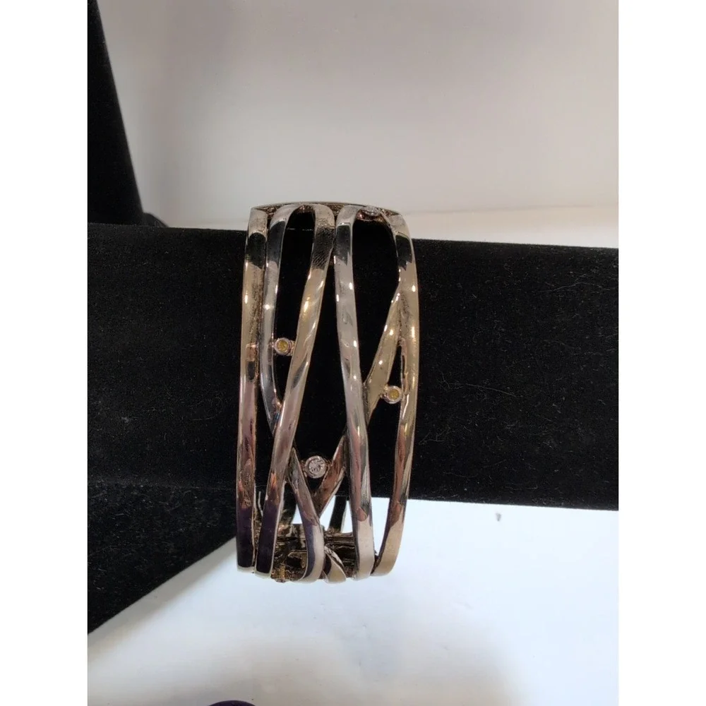 Monet Woven Vintage Silver/Gold Clamper Bangle Cuff with Faceted Crystals