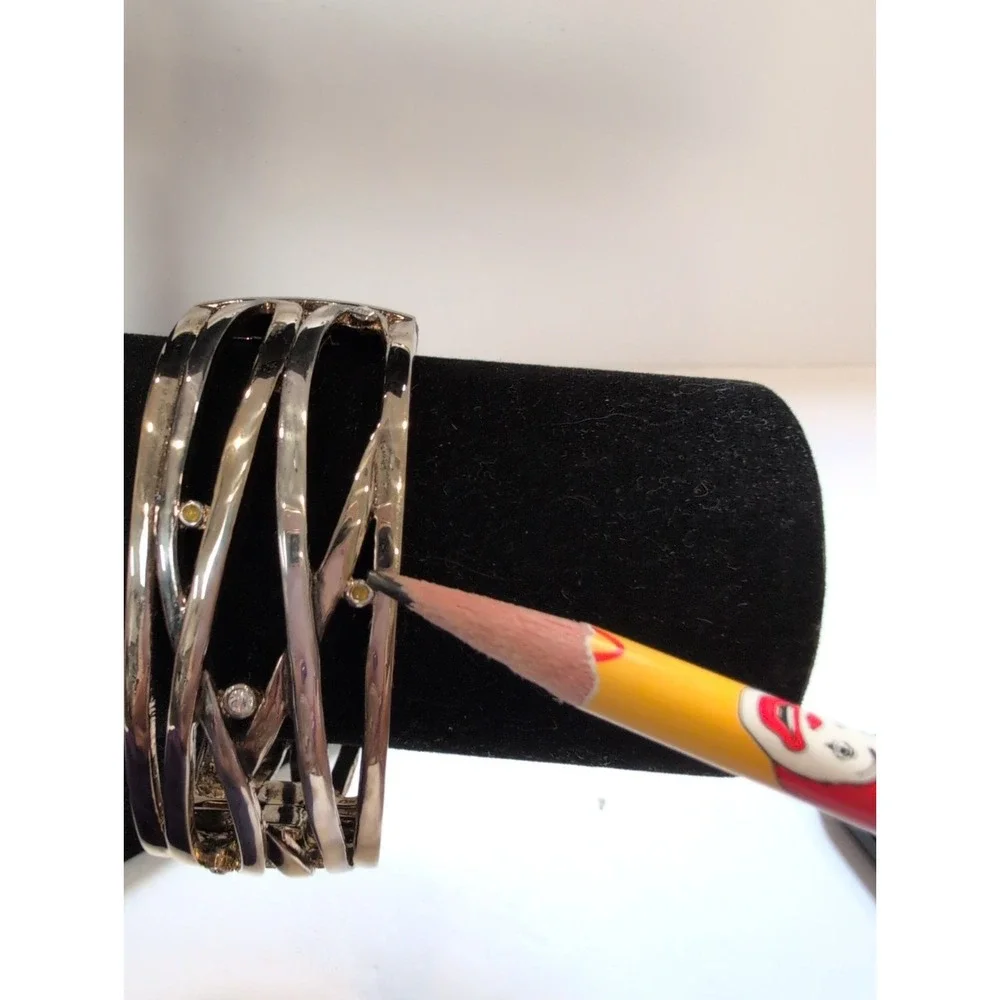 Monet Woven Vintage Silver/Gold Clamper Bangle Cuff with Faceted Crystals