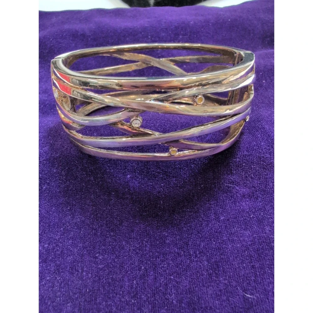 Monet Woven Vintage Silver/Gold Clamper Bangle Cuff with Faceted Crystals