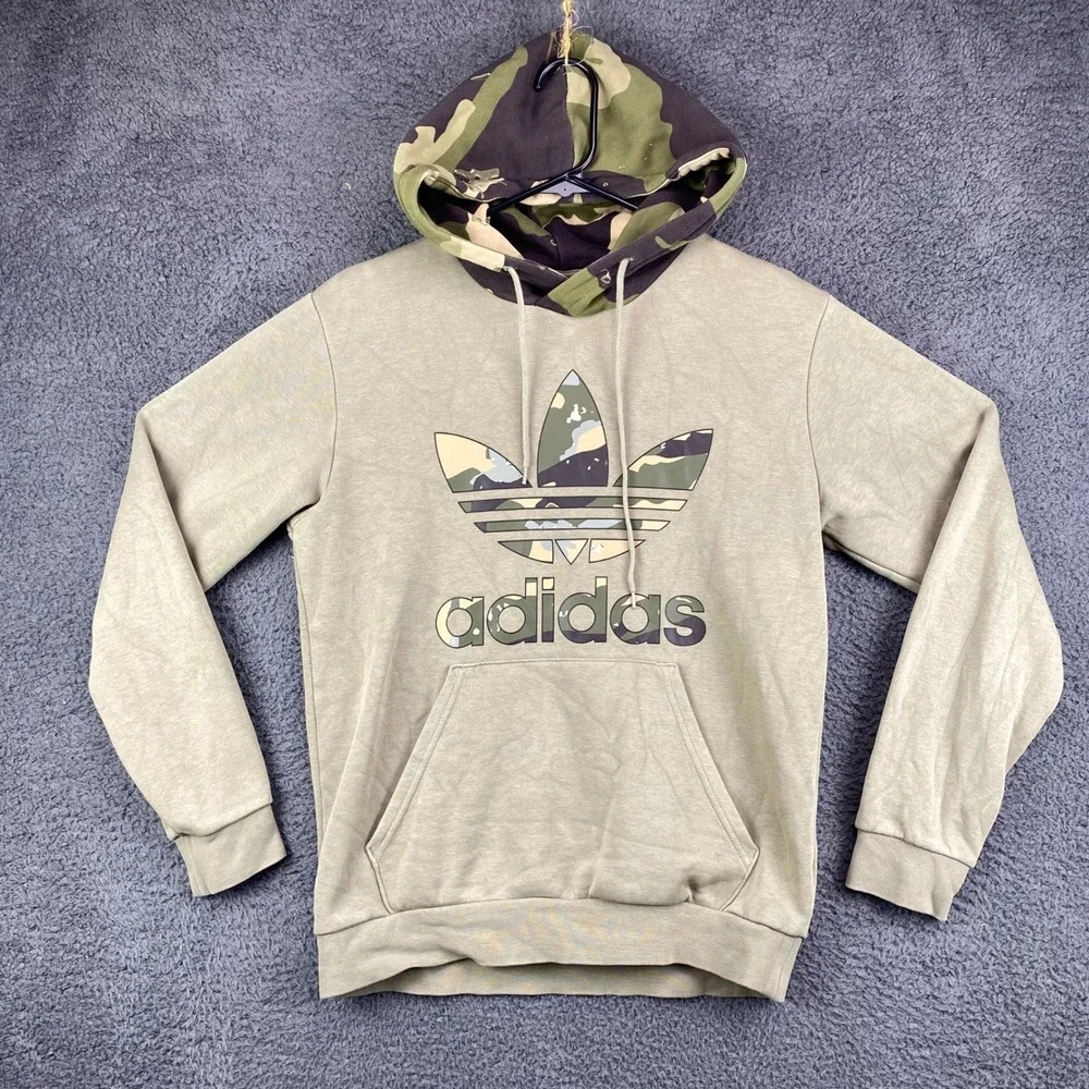 Adidas Trefoil Logo Hoodie Sweatshirt Camo Hood Olive Green‎ Mens XS