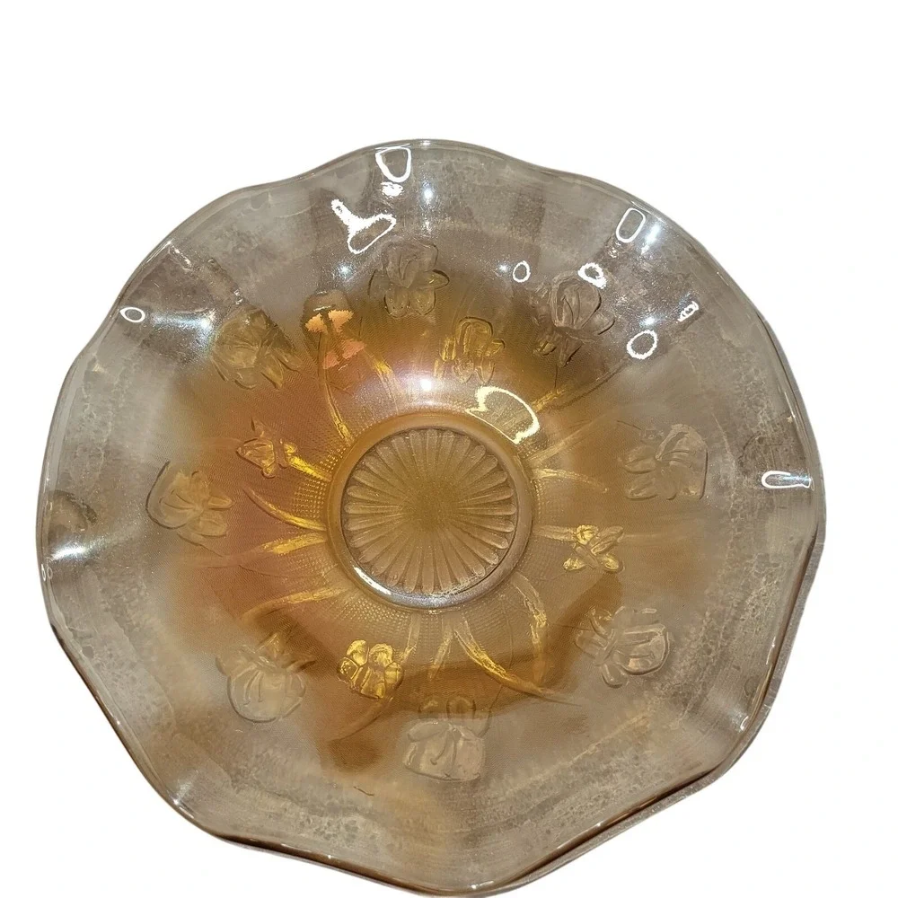Vintage Indiana Glass Marigold Iridescent Iris and Herringbone 12