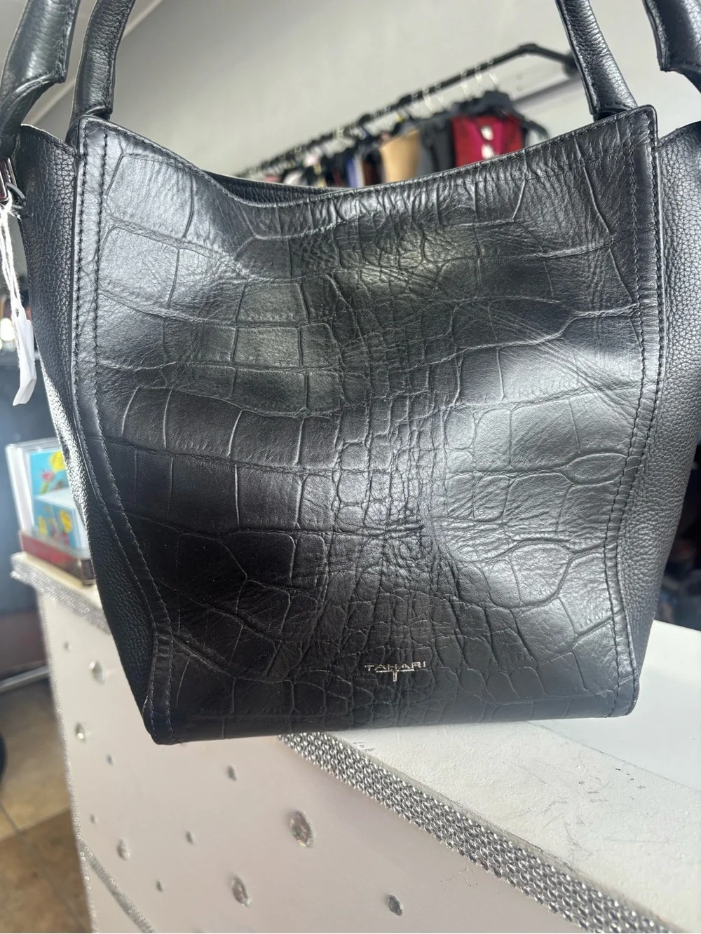 Tahari Black Croc-Embossed Shoulder Bag