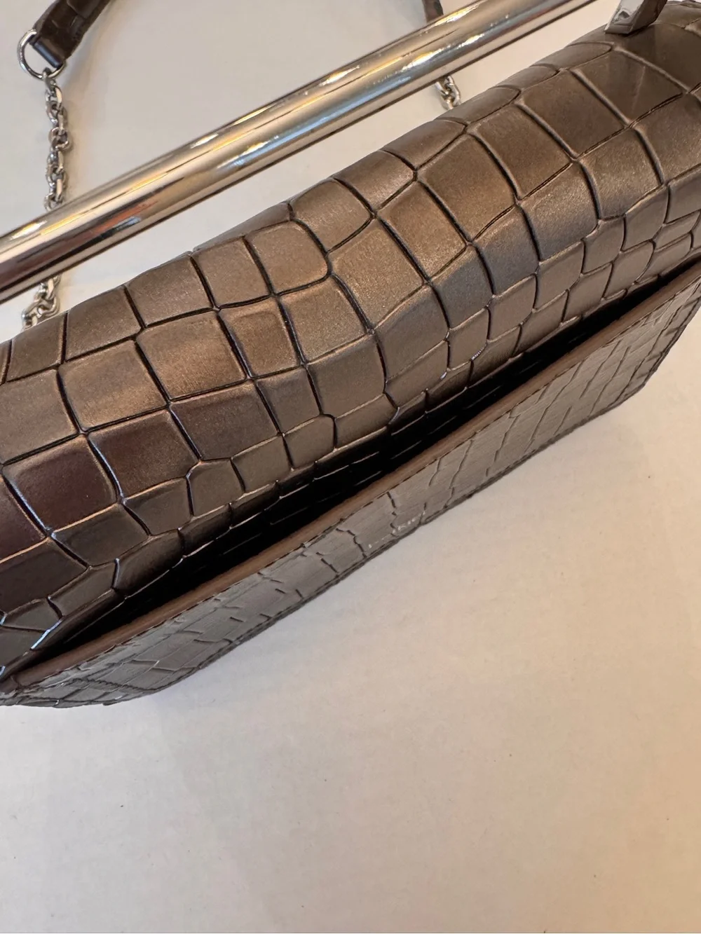 VTG BOTKIER LENOX GUNMETAL CROC LEATHER CHAIN CROSS BODY TOP HANDLE BAG PURSE