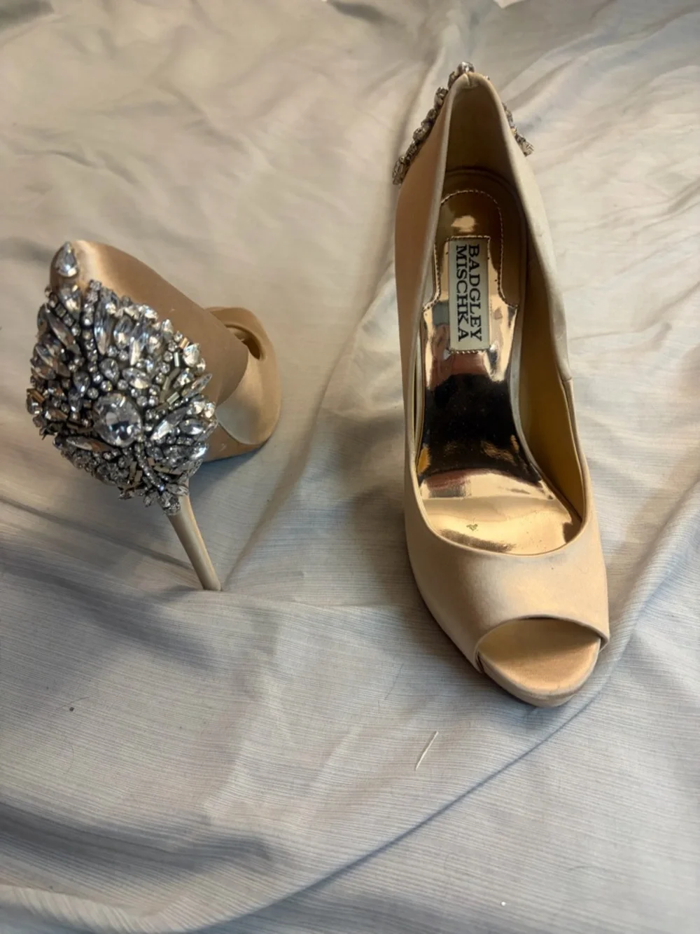 Badgley Mischka Kiara Embellished Peep-toe Pump Wedding Heel in Latte