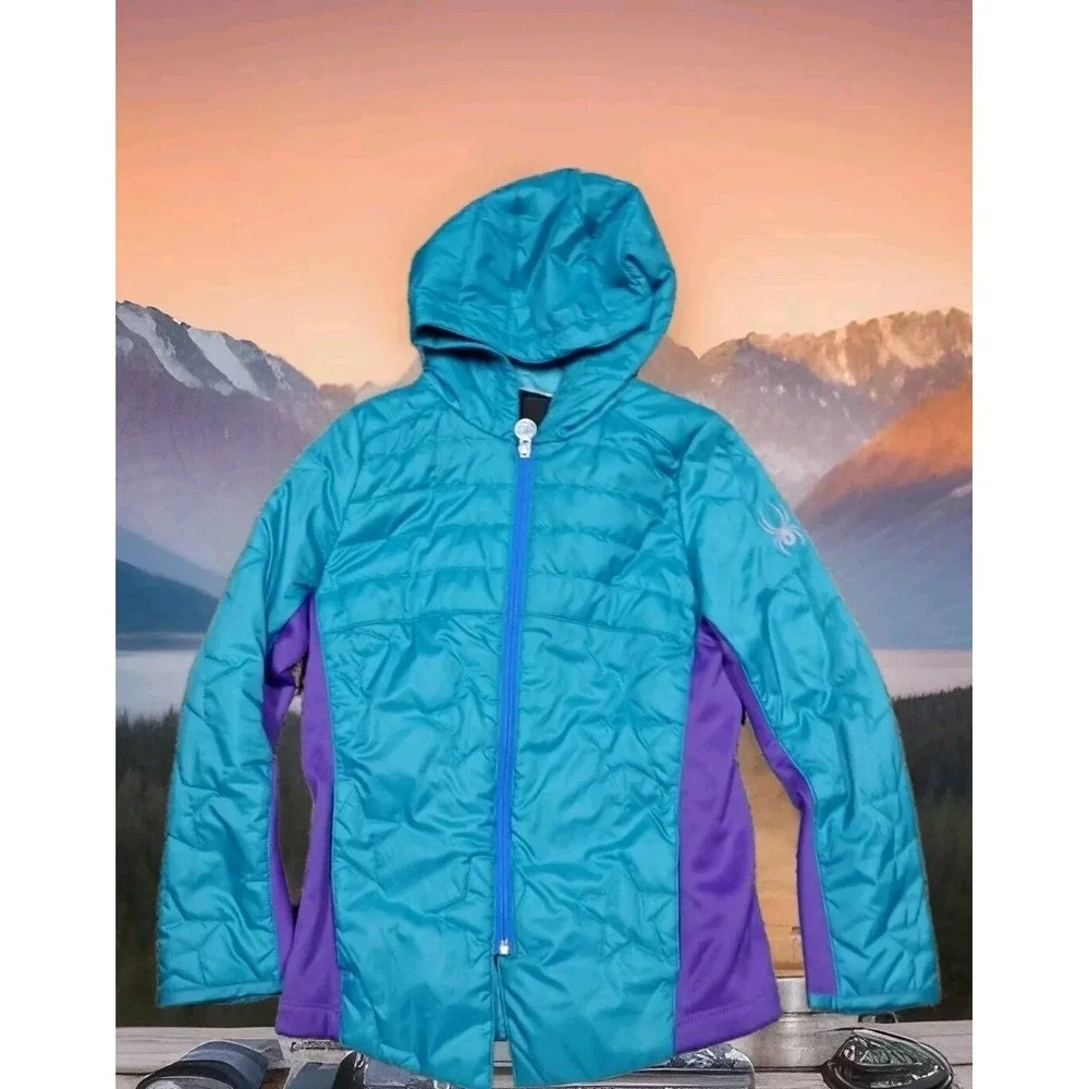 Spyder Puffer Jacket Girls Size M 10/12 Teal Purple Excellent‎ Hooded Insulated