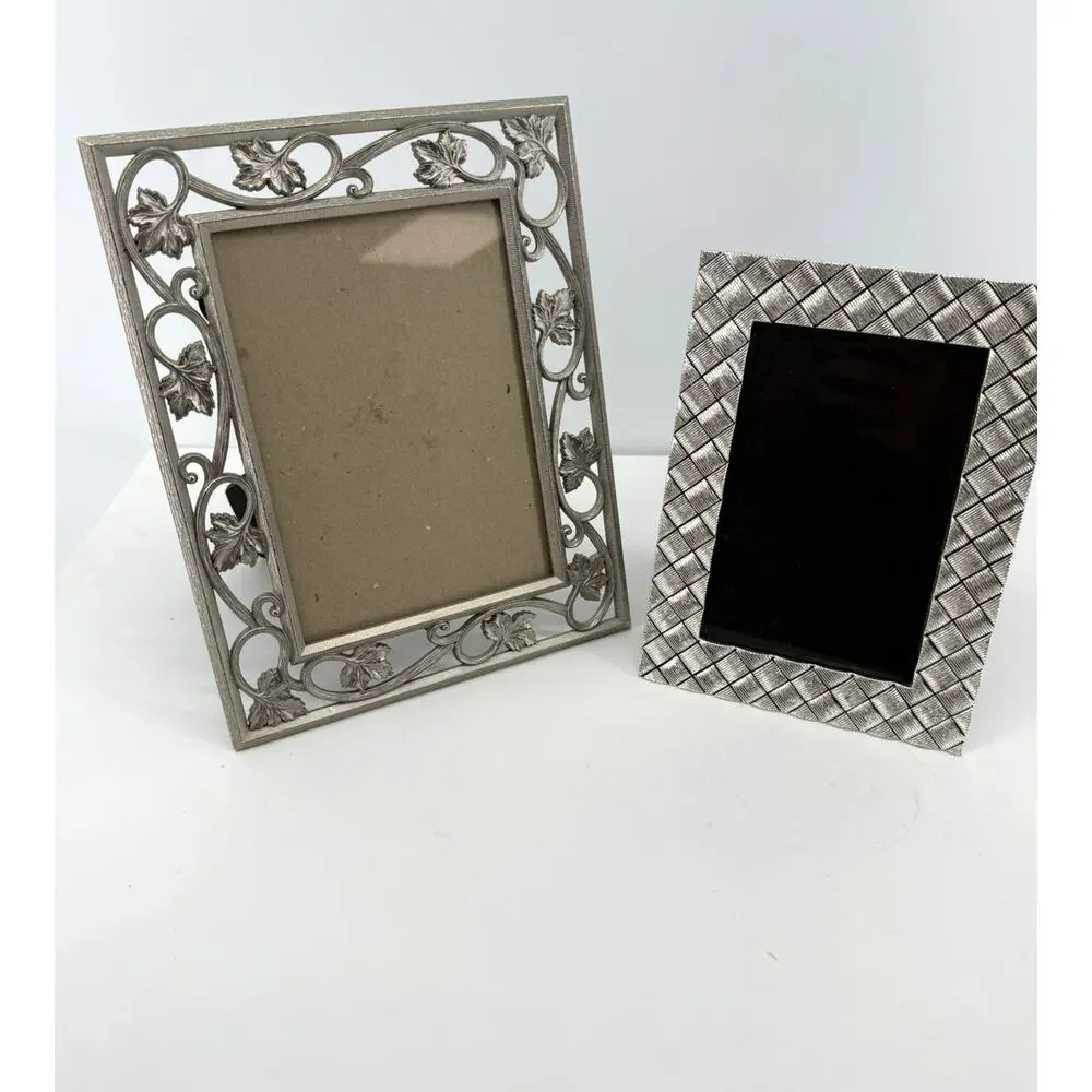 Silver Picture Frame Set 5x7 4x6 Ornate Scroll Basketweave Easel Back Tabletop