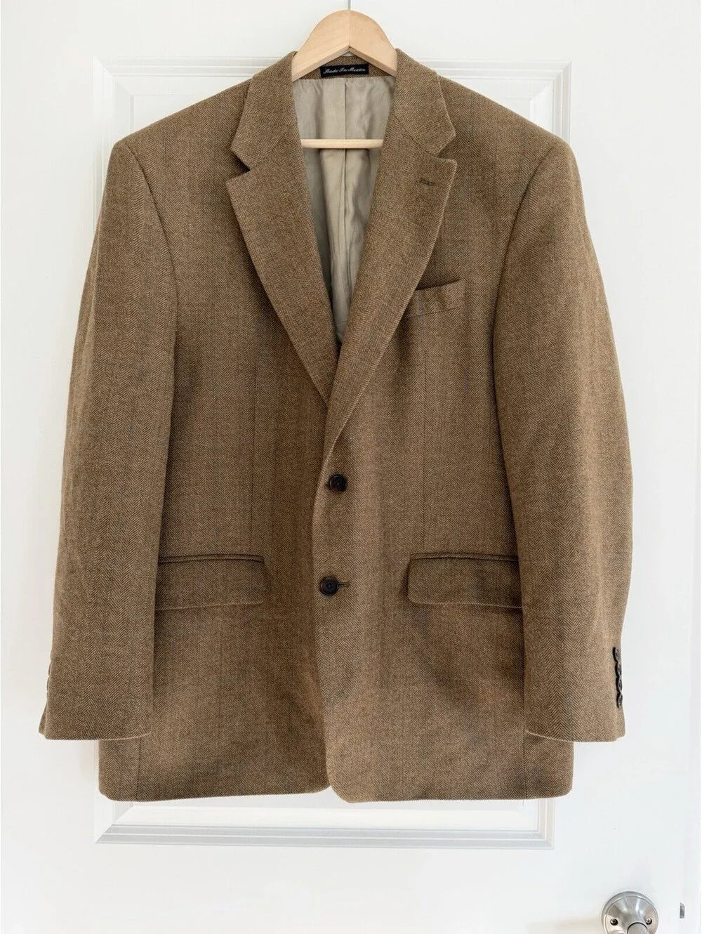 Lauren Ralph Lauren Herringbone 100% Wool Blazer Camel Tweed 44R Luxury Preppy