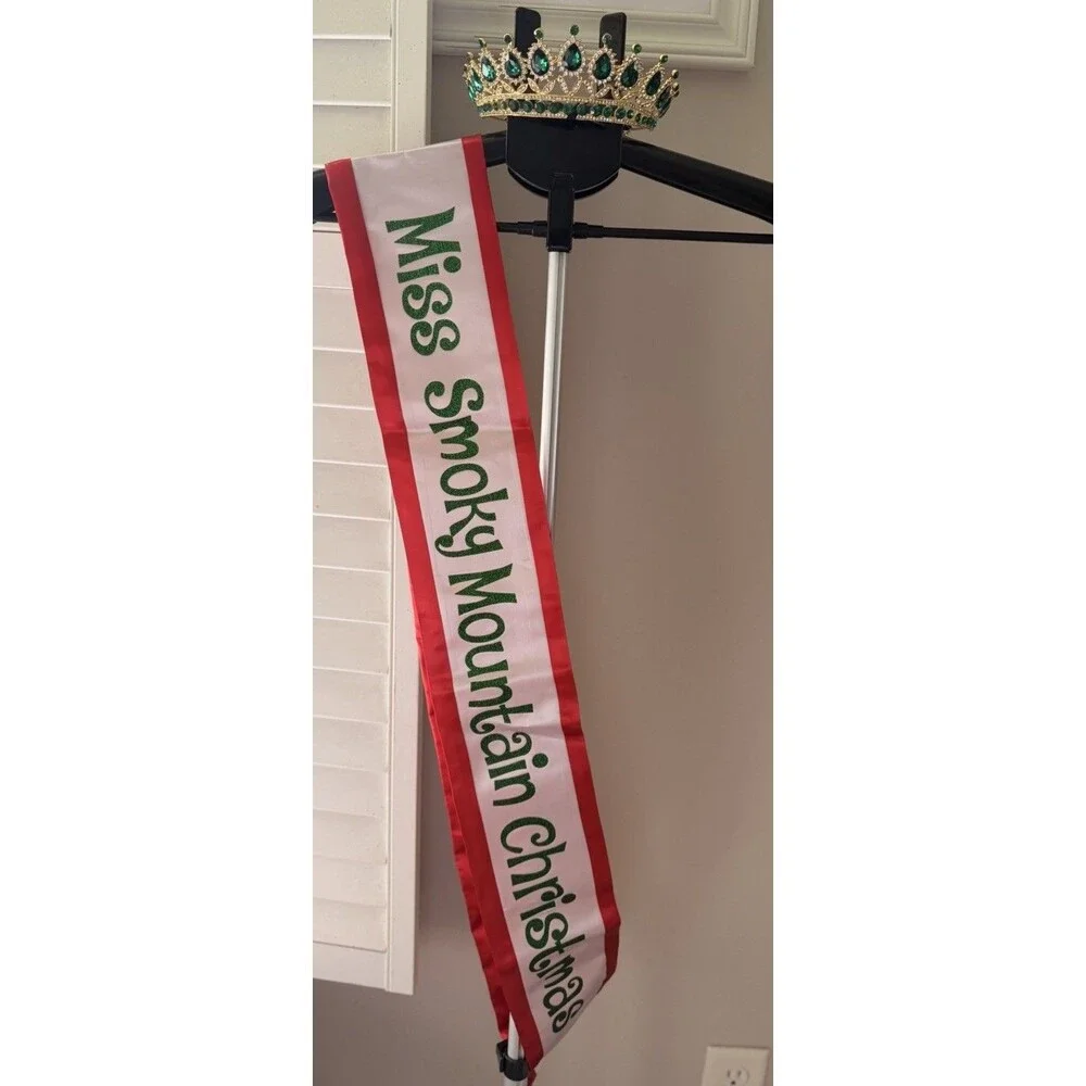 Miss Smokey Mountain Christmas Pageant Crown Gold And Green Rhinestone With Sash