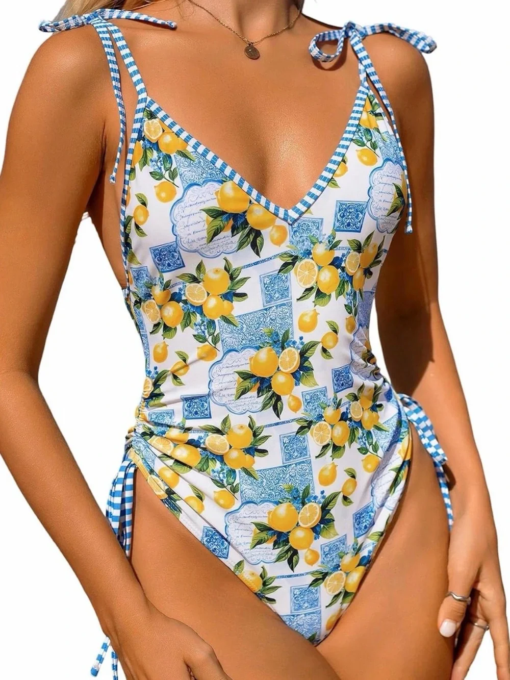 Women's Boho Lemon Print One-Piece Swimsuit - Blue & Yellow