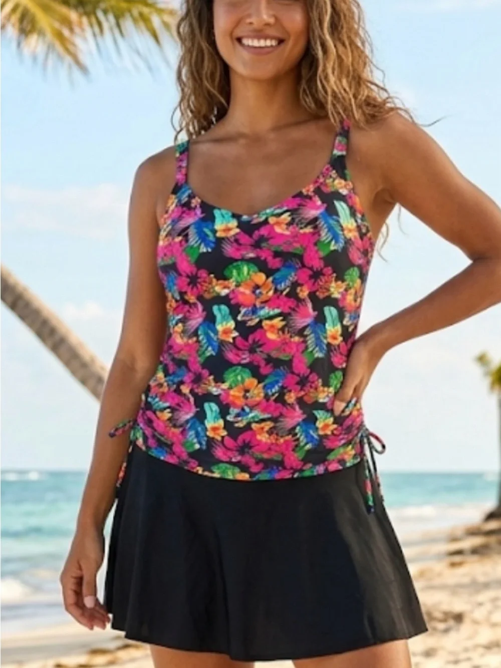 Black Tropical Floral Tankini  set with Bright Multicolor Print