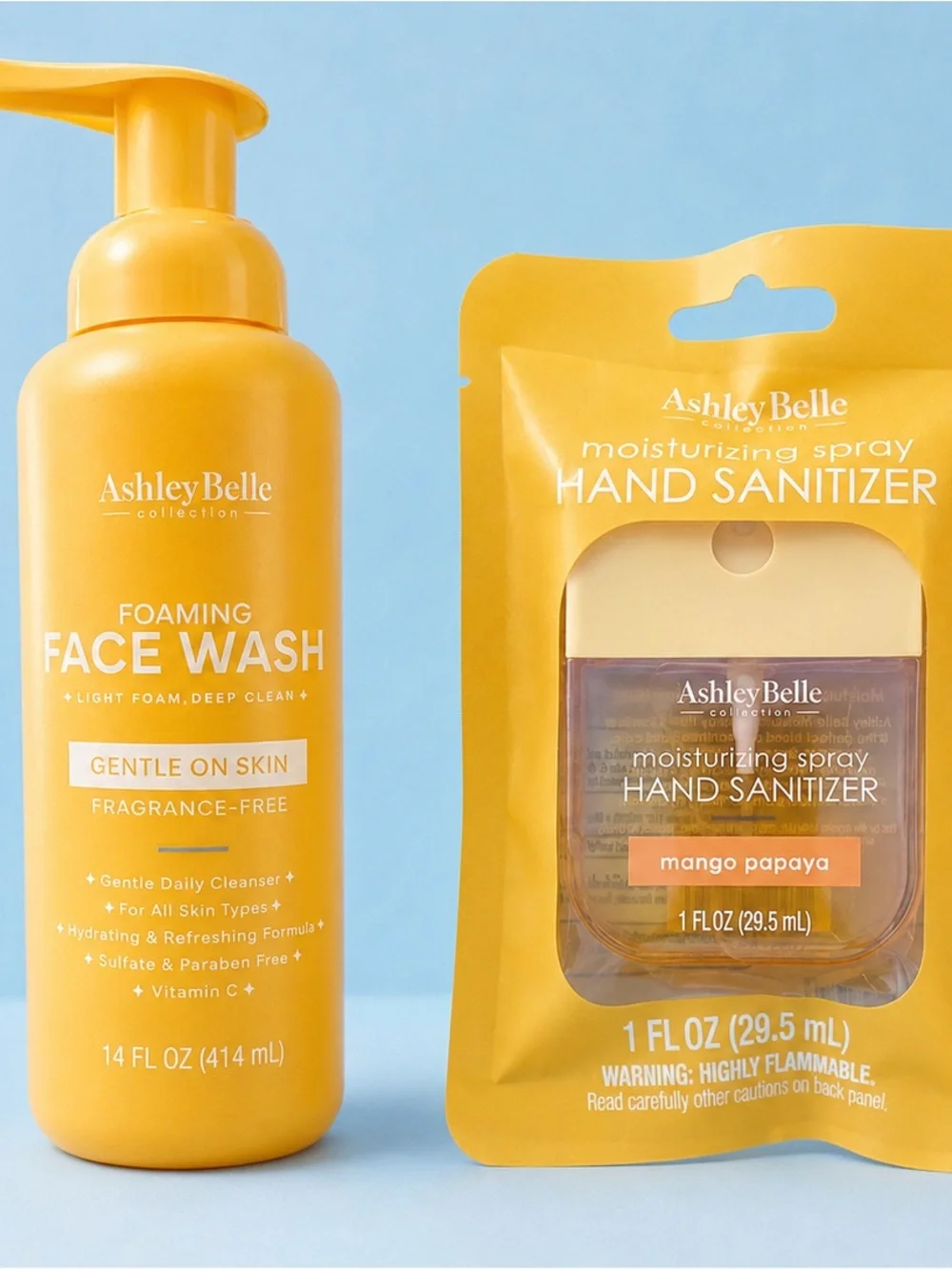 Gentle Foaming Face Wash & Mango Papaya Hand Sanitizer — Yellow