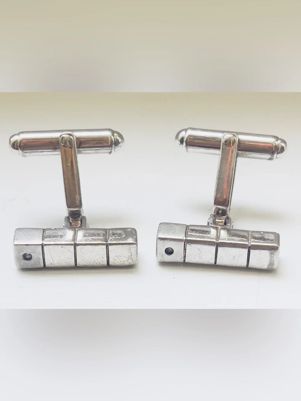 Vintage Men's 925 Sterling Silver Geometric Bar Cufflinks With Diamond Accents