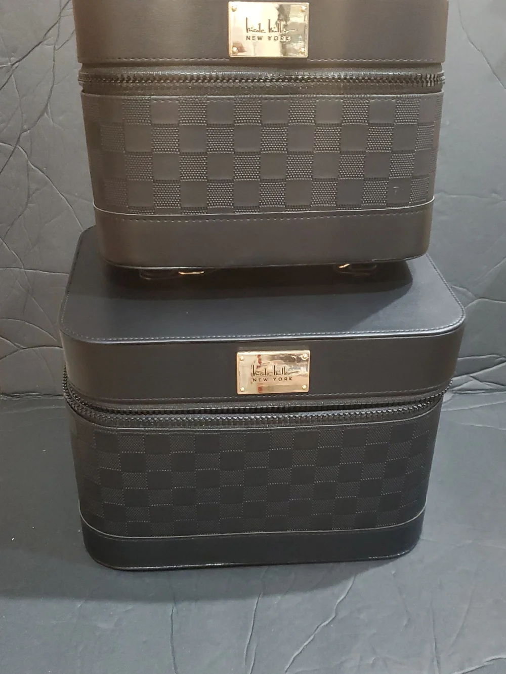 Nicole Miller black damier style large cosmetics beauty hard train case new